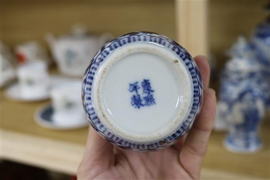 An Asian blue and white inverted pyriform jar and cover, a similar pair of smaller vases and two other items, H 25cm (largest)